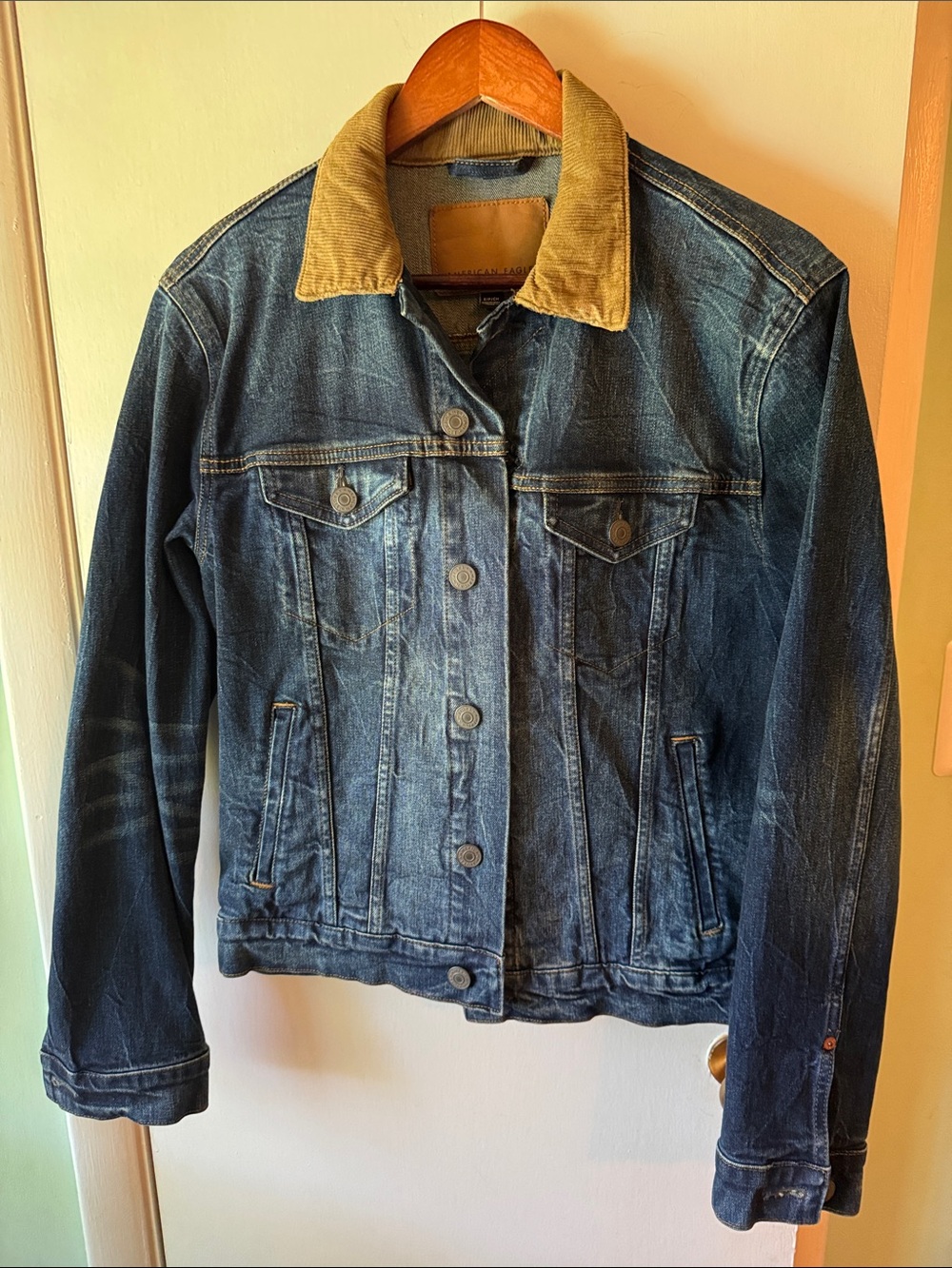 American Eagle Outfitters Blue Denim Jacket with Tan Corduroy Collar